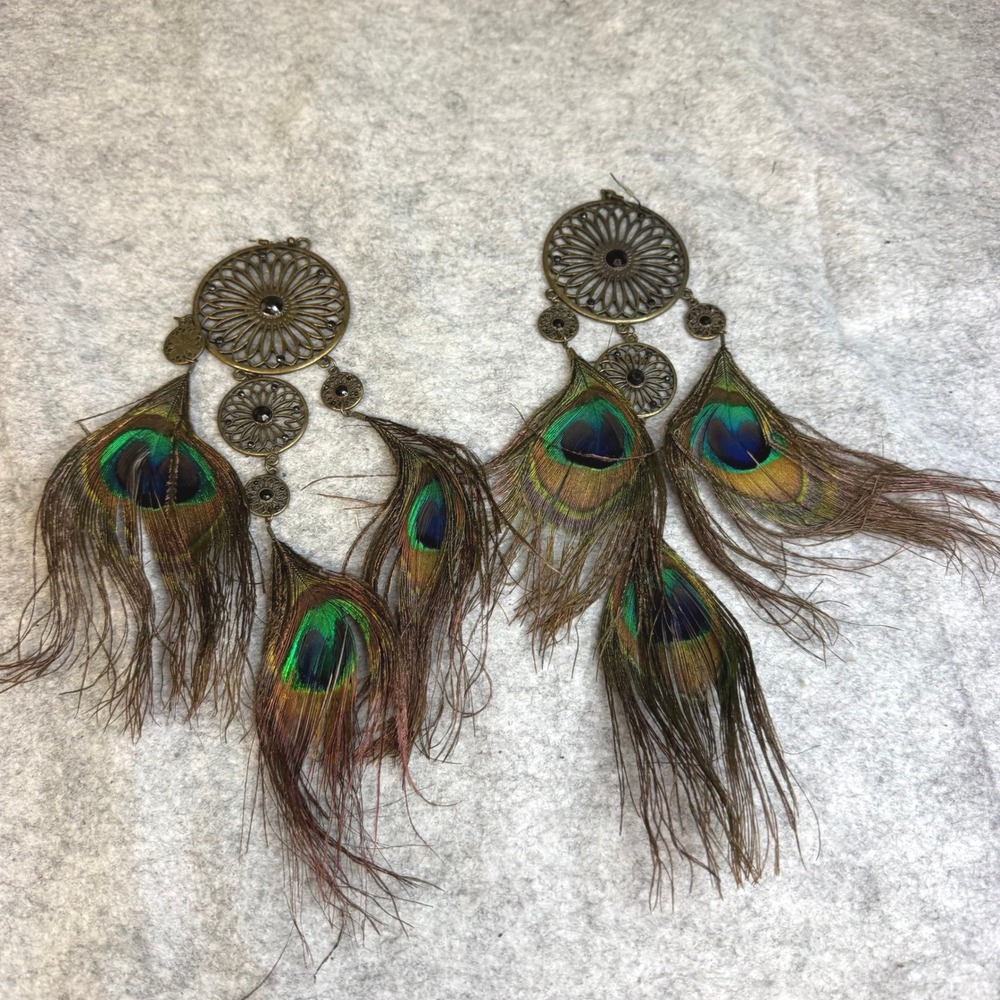 Boho Peacock Feather Jewelry Set Bronze Filigree Mandala Necklace & Earrings